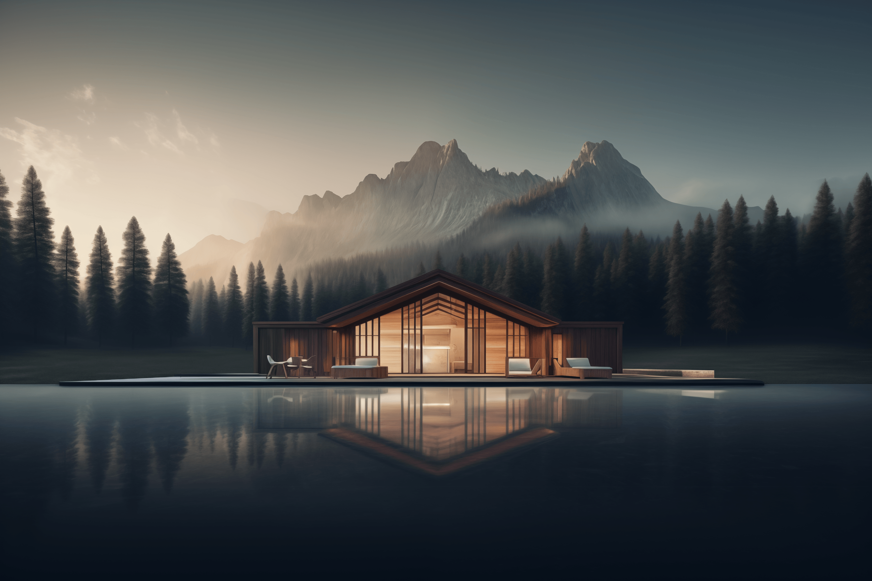 Mountains and forests with two cabins